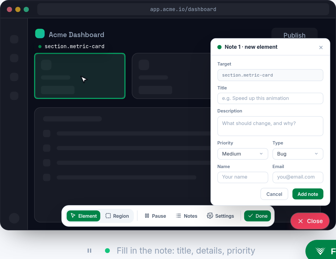 The Vynix toolbar captures structured feedback on a live page.