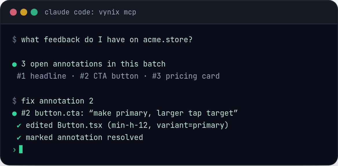 An AI agent reads the feedback over MCP and edits the right file.